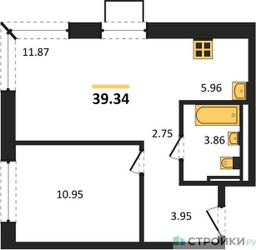 Планировка однокомнатной(квартира) площадью 39.34 квадратных метров в ЖК “ЖК Квартал Западный”