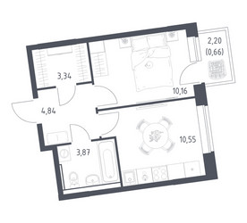 Планировка однокомнатной(квартира) площадью 33.42 квадратных метров в ЖК “ЖК Подольские кварталы”