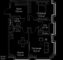 Планировка двухкомнатной(квартира) площадью 63.6 квадратных метров в “ЖК СЕЗАР БУДУЩЕЕ”