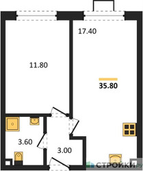 Планировка однокомнатной(квартира) площадью 35.8 квадратных метров в ЖК “ЖК Лучи-2”