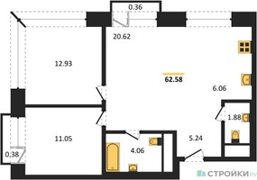 Планировка двухкомнатной(квартира) площадью 62.58 квадратных метров в “ЖК LIFE Варшавская”
