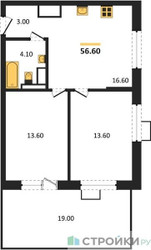 Планировка двухкомнатной(квартира) площадью 56.6 квадратных метров в ЖК “ЖК Foreville (Форевилль)”