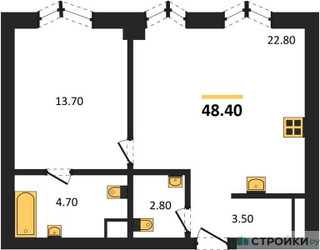 Планировка однокомнатной(квартира) площадью 48.4 квадратных метров в ЖК “ICE TOWERS (Айс Тауэрс)”