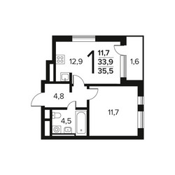 Планировка однокомнатной(квартира) площадью 35.5 квадратных метров в ЖК “Новые Ватутинки. Заречный”