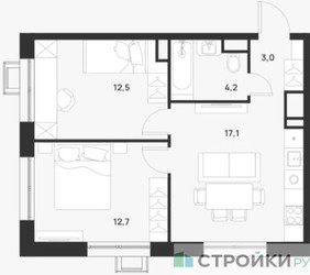Планировка двухкомнатной(квартира) площадью 49.5 квадратных метров в ЖК “ЖК Foreville (Форевилль)”