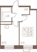Планировка однокомнатной(квартира) площадью 34.2 квадратных метров в “ЖК Западная Ивантеевка”