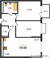 Планировка двухкомнатной(квартира) площадью 54.58 квадратных метров в “ЖК Пригород Лесное”