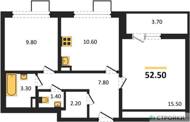 Планировка двухкомнатной(квартира) площадью 52.5 квадратных метров в “ЖК 1-й Донской (Первый Донской)”