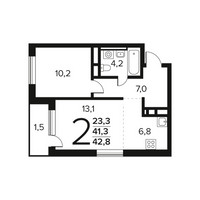 Планировка двухкомнатной(квартира) площадью 42.8 квадратных метров в “Новые Ватутинки. Заречный”