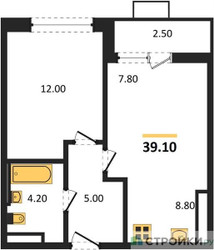 Планировка однокомнатной(квартира) площадью 39.1 квадратных метров в ЖК “ЖК Скандинавия”