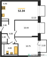 Планировка двухкомнатной(квартира) площадью 52.34 квадратных метров в “ЖК Томилино Парк”