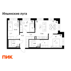 Планировка трехкомнатной(квартира) площадью 64.81 квадратных метров в ЖК “ЖК Ильинские луга”