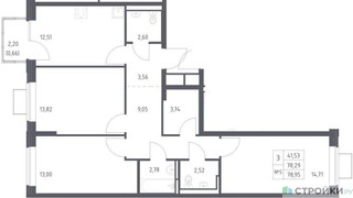 Планировка трехкомнатной(квартира) площадью 78.95 квадратных метров в “ЖК Богдановский Лес”