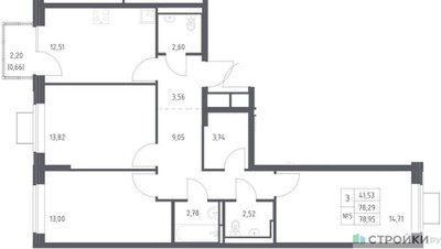 Планировка трехкомнатной(квартира) площадью 78.95 квадратных метров в ЖК “ЖК Богдановский Лес”