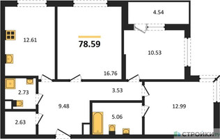 Планировка трехкомнатной(квартира) площадью 78.59 квадратных метров в “ЖК Одинград. Квартал Семейный”
