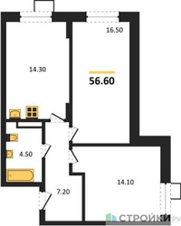 Планировка двухкомнатной(квартира) площадью 56.6 квадратных метров в ЖК “ЖК ОБЛАКА-2”