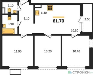 Планировка трехкомнатной(квартира) площадью 61.7 квадратных метров в ЖК “ЖК Деснаречье”