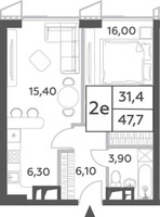 Планировка двухкомнатной(квартира) площадью 47.7 квадратных метров в “ЖК Will Towers (Вилл Тауэрс)”