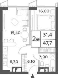 Планировка двухкомнатной(квартира) площадью 47.7 квадратных метров в ЖК “ЖК Will Towers (Вилл Тауэрс)”