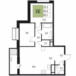 Планировка трехкомнатной(квартира) площадью 65.1 квадратных метров в ЖК “ЖК Вяземы Парк”
