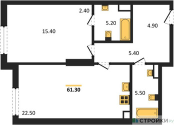 Планировка однокомнатной(квартира) площадью 61.3 квадратных метров в ЖК “ЖК Крылатская 33”