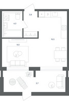Планировка однокомнатной(квартира) площадью 37.3 квадратных метров в “ЖК Равновесие”
