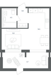 Планировка однокомнатной(квартира) площадью 37.3 квадратных метров в ЖК “ЖК Равновесие”
