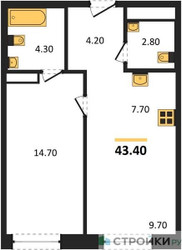 Планировка однокомнатной(квартира) площадью 43.4 квадратных метров в ЖК “ЖК Детали”