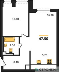 Планировка однокомнатной(квартира) площадью 47.5 квадратных метров в ЖК “ЖК INJOY (Инджой)”
