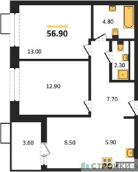 Планировка двухкомнатной(квартира) площадью 56.9 квадратных метров в ЖК “ЖК Бунинские кварталы”