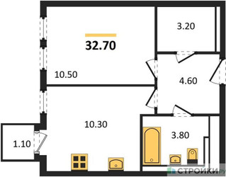 Планировка однокомнатной(квартира) площадью 32.7 квадратных метров в ЖК “ЖК Молжаниново”