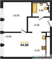 Планировка однокомнатной(квартира) площадью 44.8 квадратных метров в “ЖК INJOY (Инджой)”