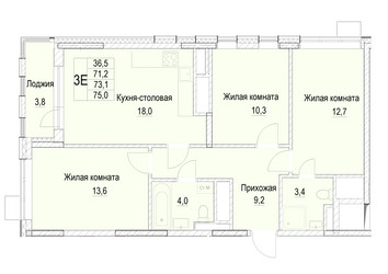 Планировка трехкомнатной(квартира) площадью 73.1 квадратных метров в ЖК “ЖК Отрадный”