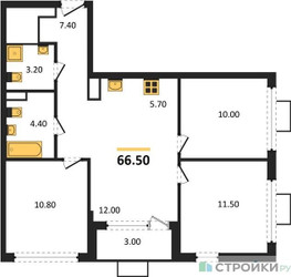 Планировка трехкомнатной(квартира) площадью 66.5 квадратных метров в ЖК “ЖК Бунинские кварталы”