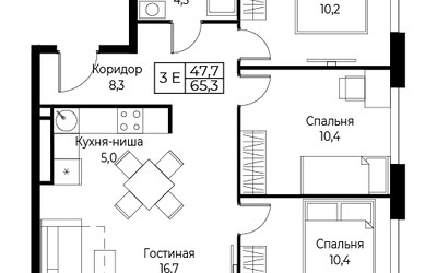 Планировка трехкомнатной(апартаменты) площадью 65.3 квадратных метров в ЖК “ЖК Апарт-комплекс AIST RESIDENCE (Аист Резиденс)”