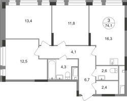 Планировка трехкомнатной(квартира) площадью 74.1 квадратных метров в “ЖК Первый Московский”