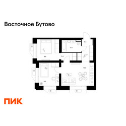 Планировка двухкомнатной(квартира) площадью 46.3 квадратных метров в ЖК “ЖК Восточное Бутово”