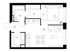 Планировка однокомнатной(квартира) площадью 38.2 квадратных метров в “ЖК Алтуфьевское 53”