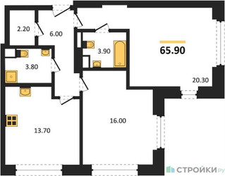 Планировка двухкомнатной(квартира) площадью 65.9 квадратных метров в ЖК “ЖК МАРК”