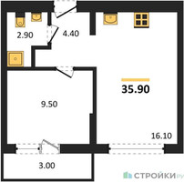 Планировка однокомнатной(квартира) площадью 35.9 квадратных метров в “ЖК Первый квартал”