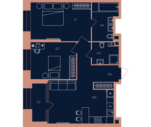 Планировка трехкомнатной(квартира) площадью 70.4 квадратных метров в ЖК “Квартал Эра”