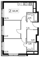 Планировка двухкомнатной(квартира) площадью 64.44 квадратных метров в “ЖК Городские Истории”