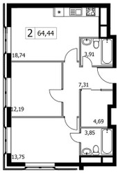Планировка двухкомнатной(квартира) площадью 64.44 квадратных метров в ЖК “ЖК Городские Истории”