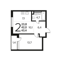 Планировка двухкомнатной(квартира) площадью 43.4 квадратных метров в “Новые Ватутинки. Заречный”