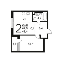 Планировка двухкомнатной(квартира) площадью 43.4 квадратных метров в ЖК “Новые Ватутинки. Заречный”