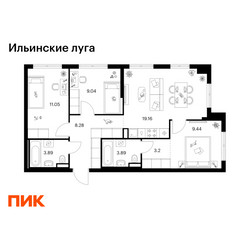 Планировка трехкомнатной(квартира) площадью 67.95 квадратных метров в ЖК “ЖК Ильинские луга”