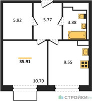 Планировка однокомнатной(квартира) площадью 35.91 квадратных метров в “ЖК Томилино Парк”
