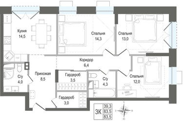 Планировка трехкомнатной(квартира) площадью 83.5 квадратных метров в ЖК “ЖК КИНОКВАРТАЛ”