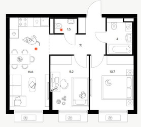 Планировка двухкомнатной(квартира) площадью 49.1 квадратных метров в ЖК “ЖК Белая Дача парк”