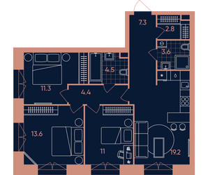 Планировка 4+ комнатной(квартира) площадью 77.7 квадратных метров в ЖК “ЖК Эра”